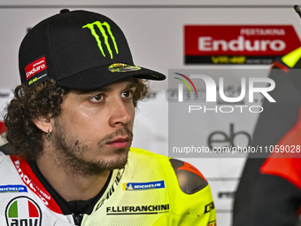 Italian MotoGP rider Marco Bezzecchi of the Pertamina Enduro VR46 Racing Team is participating in the Free Practice 1 session of the Qatar A...