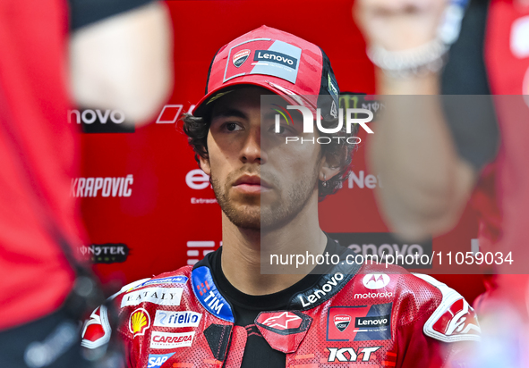 Italian MotoGP rider Enea Bastianini of the Ducati Lenovo Team is participating in the Free Practice 1 session of the Qatar Airways Motorcyc...