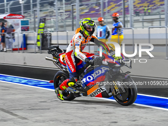 Spanish MotoGP rider Joan Mir of the Repsol Honda Team is in action during the Free Practice 1 session of the Qatar Airways Motorcycle Grand...