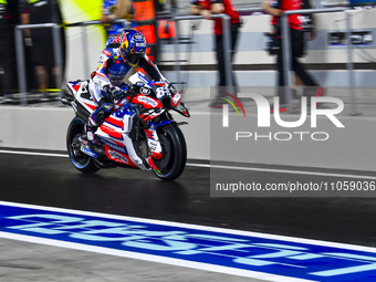 Portuguese MotoGP rider Miguel Oliveira from Trackhouse Racing is in action during the Free Practice 1 session of the Qatar Airways Motorcyc...