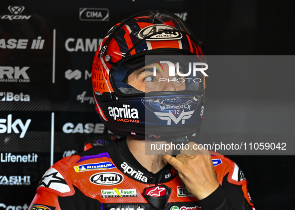 Spanish MotoGP rider Maverick Vinales of Aprilia Racing is participating in the Free Practice 1 session of the Qatar Airways Motorcycle Gran...