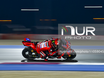 Italian MotoGP rider Francesco Bagnaia of the Ducati Lenovo Team is in action during the Free Practice 1 session of the Qatar Airways Motorc...