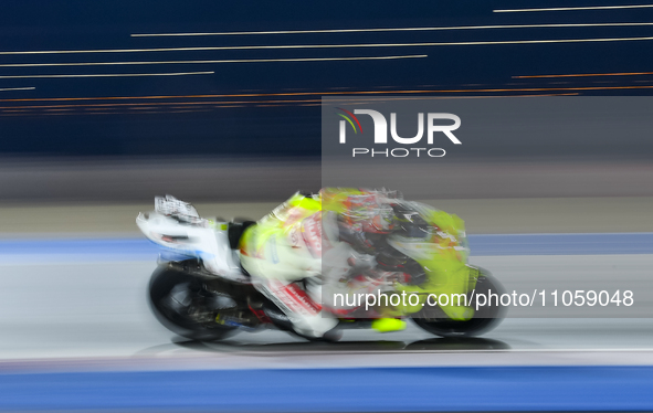 Italian MotoGP rider Marco Bezzecchi of the Pertamina Enduro VR46 Racing Team is in action during the Free Practice 1 session of the Qatar A...