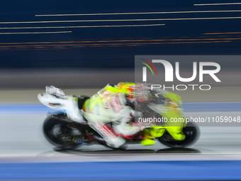 Italian MotoGP rider Marco Bezzecchi of the Pertamina Enduro VR46 Racing Team is in action during the Free Practice 1 session of the Qatar A...