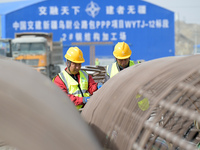 Workers are inspecting steel cage piles at the exit of the Tiemengguan tunnel in Bazhou, Xinjiang Province, China, on March 9, 2024. (