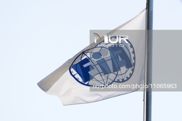 FIA logo is seen on flag before first practice ahead of the Formula 1 Saudi Arabian Grand Prix at Jeddah Corniche Circuit in Jeddah, Saudi A...