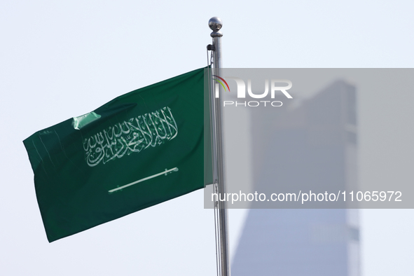 Flag of Saudi Arabia before first practice ahead of the Formula 1 Saudi Arabian Grand Prix at Jeddah Corniche Circuit in Jeddah, Saudi Arabi...