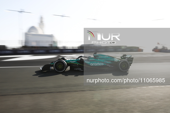 Lance Stroll of Aston Martin Aramco during first practice ahead of the Formula 1 Saudi Arabian Grand Prix at Jeddah Corniche Circuit in Jedd...