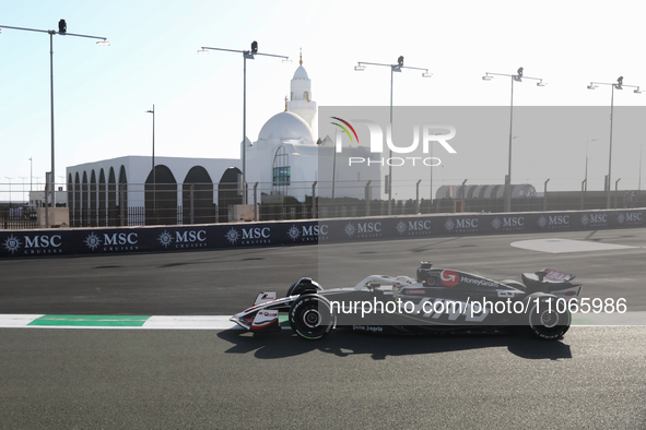 Kevin Magnussen of Haas during first practice ahead of the Formula 1 Saudi Arabian Grand Prix at Jeddah Corniche Circuit in Jeddah, Saudi Ar...