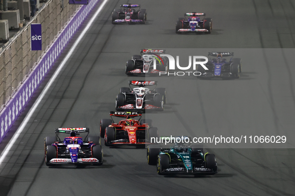 Lance Stroll of Aston Martin Aramco, Yuki Tsunoda of RB, Oliver Bearman of Ferrari and Kevin Magnussen of Haas during the Formula 1 Saudi Ar...