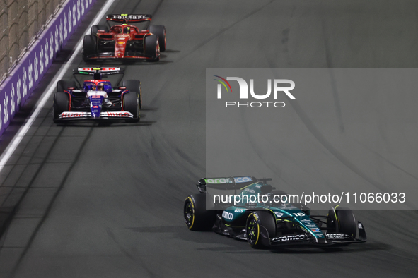 Lance Stroll of Aston Martin Aramco, Yuki Tsunoda of RB and Oliver Bearman of Ferrari during the Formula 1 Saudi Arabian Grand Prix at Jedda...