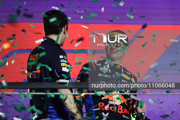 Max Verstappen of Red Bull Racing at the podium after the Formula 1 Saudi Arabian Grand Prix at Jeddah Corniche Circuit in Jeddah, Saudi Ara...