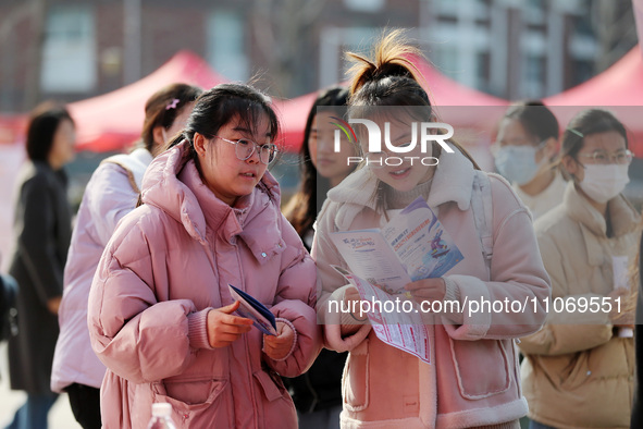 Female college students are looking for jobs at the 2024 Women's Campus job fair in Huaibei, Anhui province, China, on March 12, 2024. 