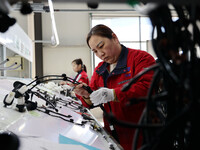 A worker is producing automotive wiring harness products at a workshop of an auto parts manufacturer in Binzhou, Shandong Province, China, o...