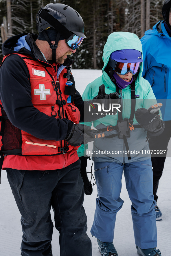 Andy Anderson, an Avalanche Forecaster with the Sierra Avalanche Center, is leading an avalanche transceiver workshop at Sugar Bowl Resort i...