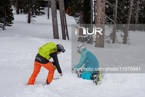 Andy Anderson, an Avalanche Forecaster with the Sierra Avalanche Center, is leading an avalanche transceiver workshop at Sugar Bowl Resort i...