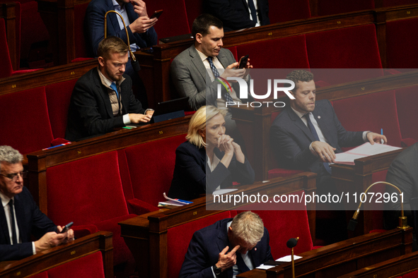 Marine Le Pen, president of the Rassemblement National group, is seen at the National Assembly in Paris, France, on March 12, 2024, during t...