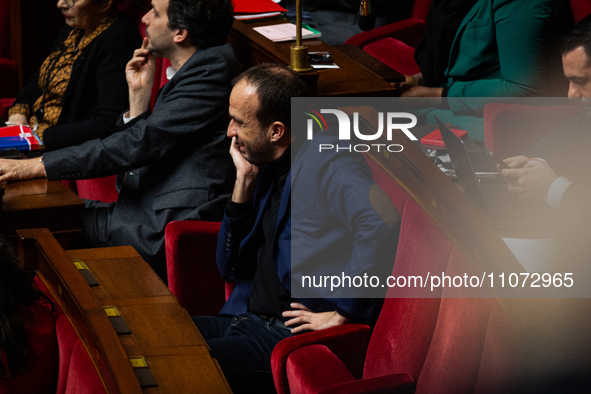 Manuel Bompard, a deputy of the La France Insoumise group, is seen at the National Assembly in Paris, France, on March 12, 2024, following a...