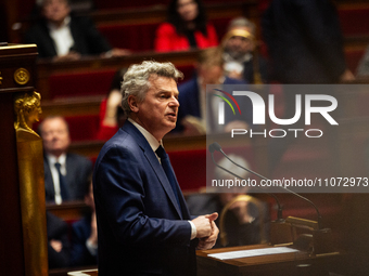 In Paris, France, on March 12, 2024, Fabien Roussel, deputy of the Gauche Democrate et Republicaine - NUPES group, is speaking during the de...