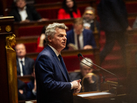 In Paris, France, on March 12, 2024, Fabien Roussel, deputy of the Gauche Democrate et Republicaine - NUPES group, is speaking during the de...