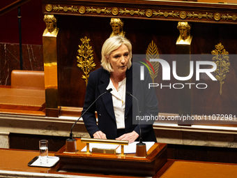 In Paris, France, on March 12, 2024, Marine Le Pen, president of the Rassemblement National group, is speaking during the debate session at...
