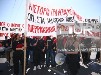 Demonstrators attend a protest held by 
student associations and educational unions against the bill for the establishment of private unive...