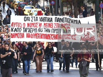 Demonstrators attend a protest held by 
student associations and educational unions against the bill for the establishment of private unive...