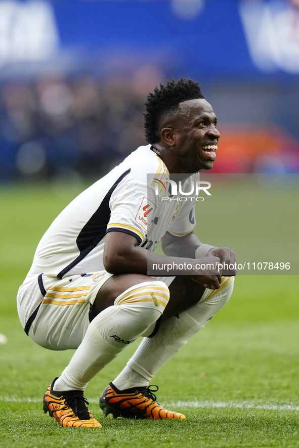 Vinicius Junior left winger of Real Madrid and Brazil lament a failed occasion during the LaLiga EA Sports match between CA Osasuna and Real...