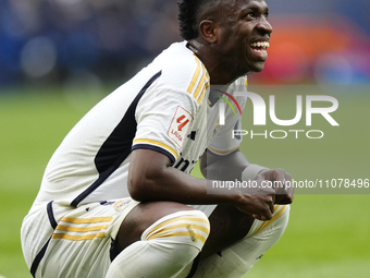 Vinicius Junior left winger of Real Madrid and Brazil lament a failed occasion during the LaLiga EA Sports match between CA Osasuna and Real...