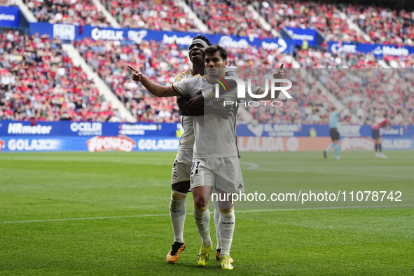 Brahim Diaz attacking midfield of Real Madrid and Spain celebrates after scoring his sides first goal during the LaLiga EA Sports match betw...