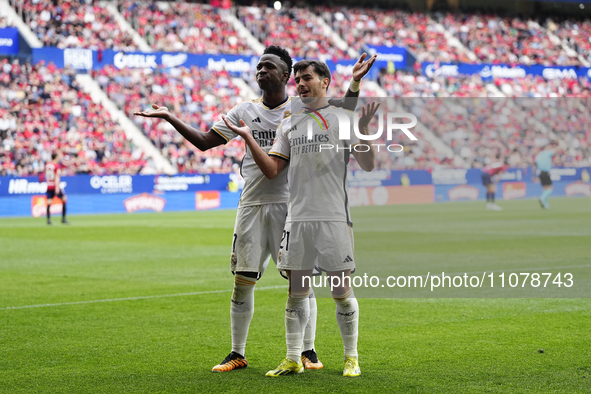 Brahim Diaz attacking midfield of Real Madrid and Spain celebrates after scoring his sides first goal during the LaLiga EA Sports match betw...