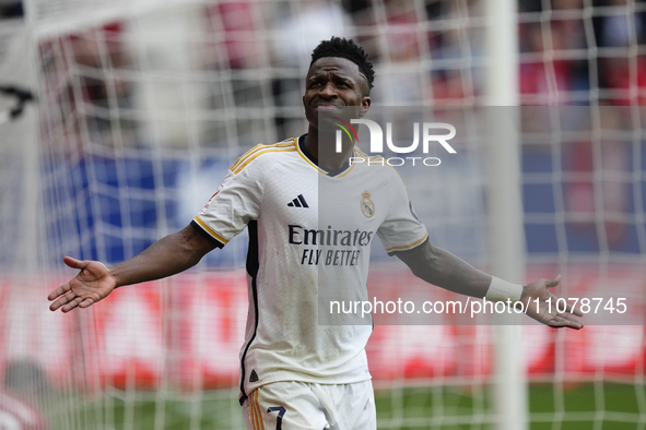 Vinicius Junior left winger of Real Madrid and Brazil celebrates after scoring his sides second goal during the LaLiga EA Sports match betwe...