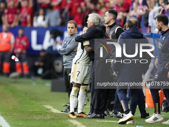 Vinicius Junior left winger of Real Madrid and Brazil  and Carlo Ancelotti head coach of Real Madrid greets each other during the LaLiga EA...