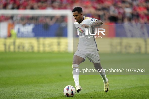 Rodrygo Goes right winger of Real Madrid and Brazil in action during the LaLiga EA Sports match between CA Osasuna and Real Madrid CF at Est...