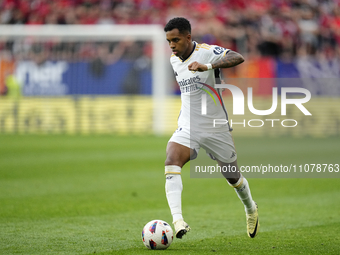 Rodrygo Goes right winger of Real Madrid and Brazil in action during the LaLiga EA Sports match between CA Osasuna and Real Madrid CF at Est...