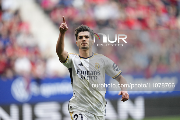 Brahim Diaz attacking midfield of Real Madrid and Spain celebrates after scoring his sides first goal during the LaLiga EA Sports match betw...