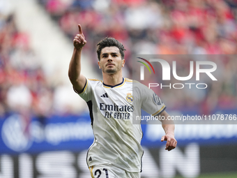 Brahim Diaz attacking midfield of Real Madrid and Spain celebrates after scoring his sides first goal during the LaLiga EA Sports match betw...