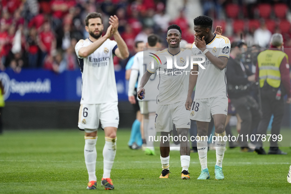 Vinicius Junior left winger of Real Madrid and Brazil celebrates victory after during the LaLiga EA Sports match between CA Osasuna and Real...