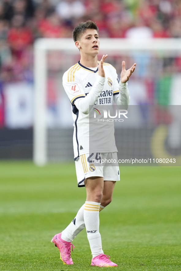 Arda Guler attacking midfield of Real Madrid and Turkey celebrates victory after the LaLiga EA Sports match between CA Osasuna and Real Madr...