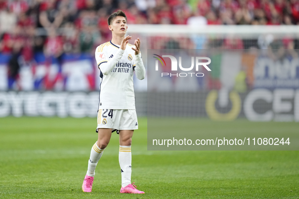 Arda Guler attacking midfield of Real Madrid and Turkey celebrates victory after the LaLiga EA Sports match between CA Osasuna and Real Madr...