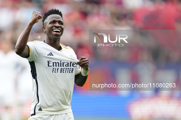 Vinicius Junior left winger of Real Madrid and Brazil celebrates after scoring his sides second goal during the LaLiga EA Sports match betwe...