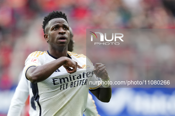 Vinicius Junior left winger of Real Madrid and Brazil celebrates after scoring his sides second goal during the LaLiga EA Sports match betwe...