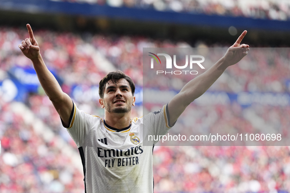 Brahim Diaz attacking midfield of Real Madrid and Spain celebrates after scoring his sides first goal during the LaLiga EA Sports match betw...