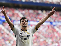 Brahim Diaz attacking midfield of Real Madrid and Spain celebrates after scoring his sides first goal during the LaLiga EA Sports match betw...