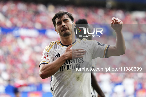 Brahim Diaz attacking midfield of Real Madrid and Spain celebrates after scoring his sides first goal during the LaLiga EA Sports match betw...