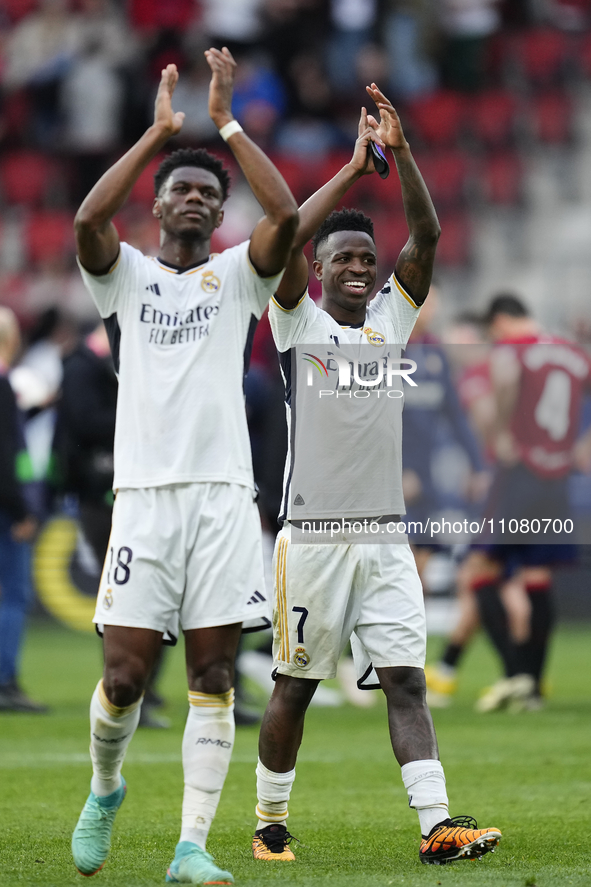 Vinicius Junior left winger of Real Madrid and Brazil celebrates victory after during the LaLiga EA Sports match between CA Osasuna and Real...