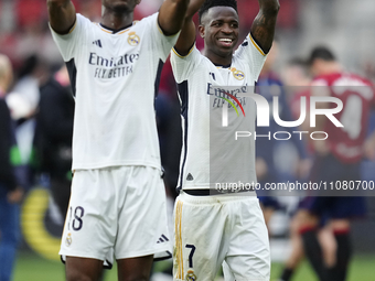 Vinicius Junior left winger of Real Madrid and Brazil celebrates victory after during the LaLiga EA Sports match between CA Osasuna and Real...