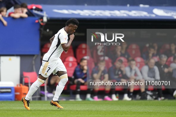 Vinicius Junior left winger of Real Madrid and Brazil celebrates after scoring his sides first goal during the LaLiga EA Sports match betwee...