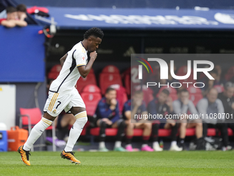 Vinicius Junior left winger of Real Madrid and Brazil celebrates after scoring his sides first goal during the LaLiga EA Sports match betwee...