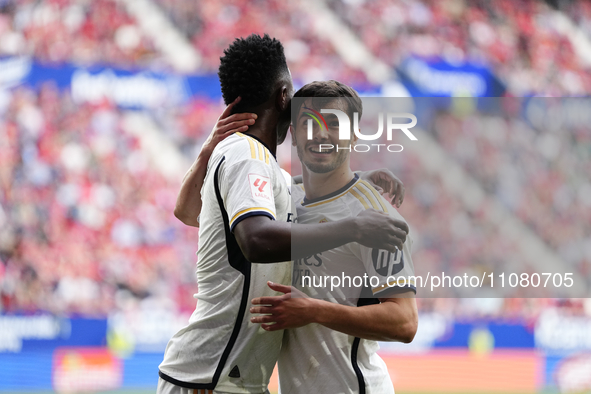 Brahim Diaz attacking midfield of Real Madrid and Spain celebrates after scoring his sides first goal during the LaLiga EA Sports match betw...